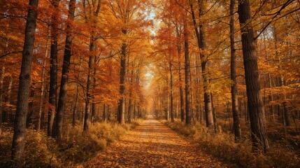Fototapeta premium Fall Season, scenic autumn landscape with vibrant red, orange, and golden foliage, warm natural tones reflecting the beauty of seasonal change.