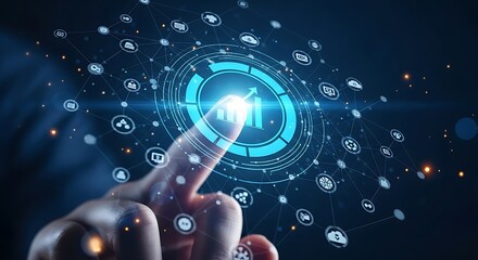 Human finger touching a glowing futuristic digital interface with interconnected icons representing technology and data flow on a dark blue background