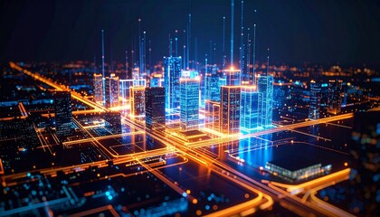 Futuristic smart city glowing with neon blue and orange lights