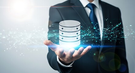 Businessman holding a glowing digital database server stack with abstract circuit board patterns and light streaks representing data flow and technology innovation