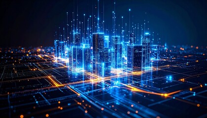 Obraz premium Futuristic smart city glowing with neon blue and orange lights
