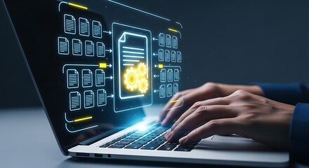 Close up of a person s hands typing on a laptop with a futuristic digital interface displaying data and icons representing technology and innovation