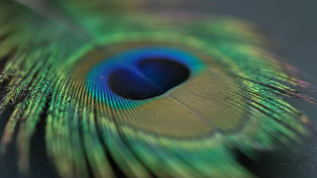Macro graphy of a Vibrant Peacock Feather with Iridescent Blues and Greens