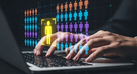 Close up of hands typing on a laptop with a glowing digital human resource management chart displaying employee data and organizational structure