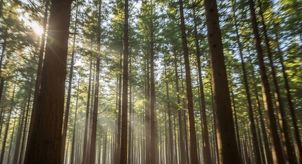 Fototapeta premium Ethereal sunbeams illuminate a majestic, towering forest, casting long shadows and creating a serene, natural sanctuary bathed in golden light, copy space