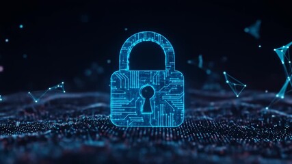 Glowing, circuit-etched padlock hovers above rippling data stream in a dark space - Powered by Adobe