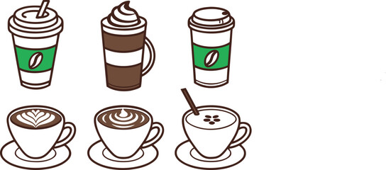 Collection of Coffee Drinks and Cups with Latte Art