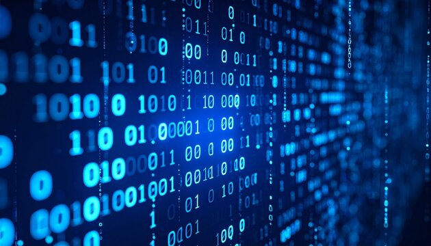 Vertical binary code glowing on dark digital background