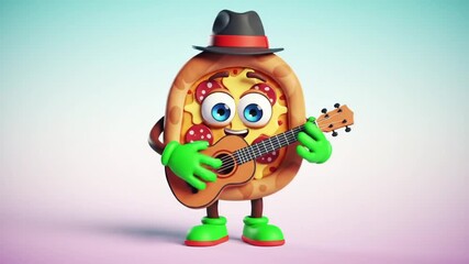 Animated pizza character playing guitar against gradient background - Powered by Adobe