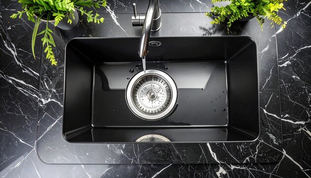 Matte black kitchen sink with water droplets and green plants - Powered by Adobe