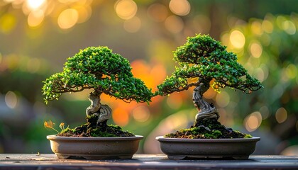 Two bonsai trees in pots, golden light