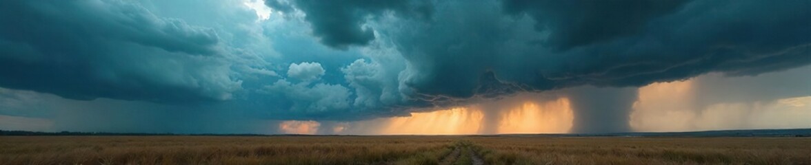 Dramatic Stormy Sky over Open Field Dark Clouds Brewing, Atmospheric Backdrop