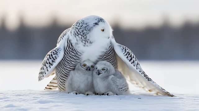 Snowy owl mother protects her chick, wings spread wide, against a snowy backdrop