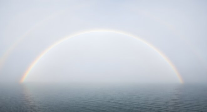 A rare and magical fogbow, or white rainbow, arches over a calm sea on a misty morning.