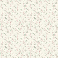 Seamless vector pattern with abstract pastel leaves and dots on beige background. Soft, modern design for fabric, wrapping paper, wallpaper, and digital projects
