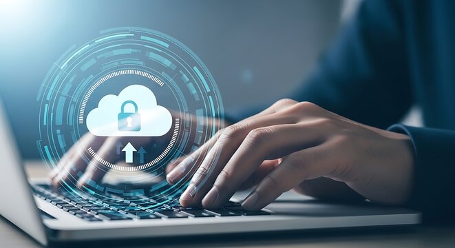 Close up of hands typing on a laptop keyboard with a glowing digital cloud icon and padlock symbol overlay representing cloud computing and data security - Powered by Adobe