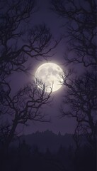 Full Moon Above Pine Forest and Mountain Silhouette at Night