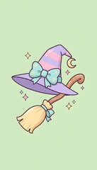 Cute Pastel Witch Hat and Broom with Stars Illustration