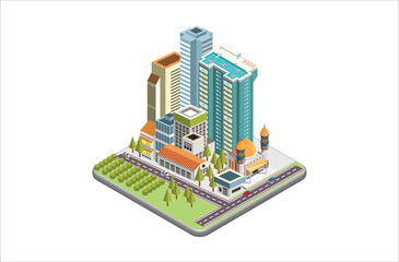 Modern Isometric vector city with skyscrapers, people, streets and vehicles, commercial and business area infographic with icons, Suitable for Diagrams, Infographics,  And Other Graphic Related Assets