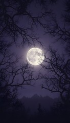 Mysterious Full Moon and Bare Trees with Mountain Silhouette at Night