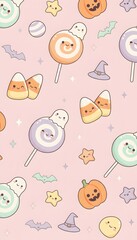 Cute Halloween Pattern with Candy and Spooky Elements on Pink Background
