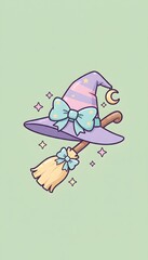 Cute Pastel Striped Witch Hat and Broomstick with Stars