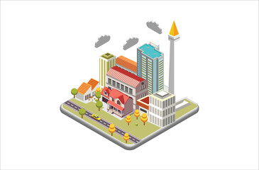 Modern Isometric vector city with skyscrapers, people, streets and vehicles, commercial and business area infographic with icons, Suitable for Diagrams, Infographics,  And Other Graphic Related Assets