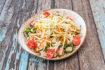 Traditional Nicoise salad with canned tuna, cooked green beans, hard-boiled egg, baby potatoes, and anchovies, with Dijon mustard dressing.