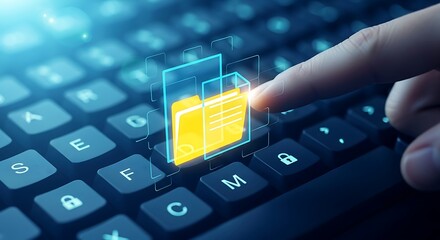 Close up of a finger touching a glowing digital folder icon on a computer keyboard representing data storage access and digital information management