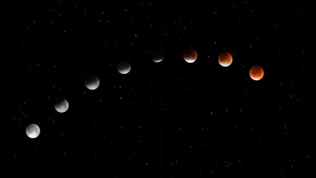 Lunar Eclipse sequence taken on September 8, 2025, in Dalian, China. Composite photo of the different phases of the moon eclipse.