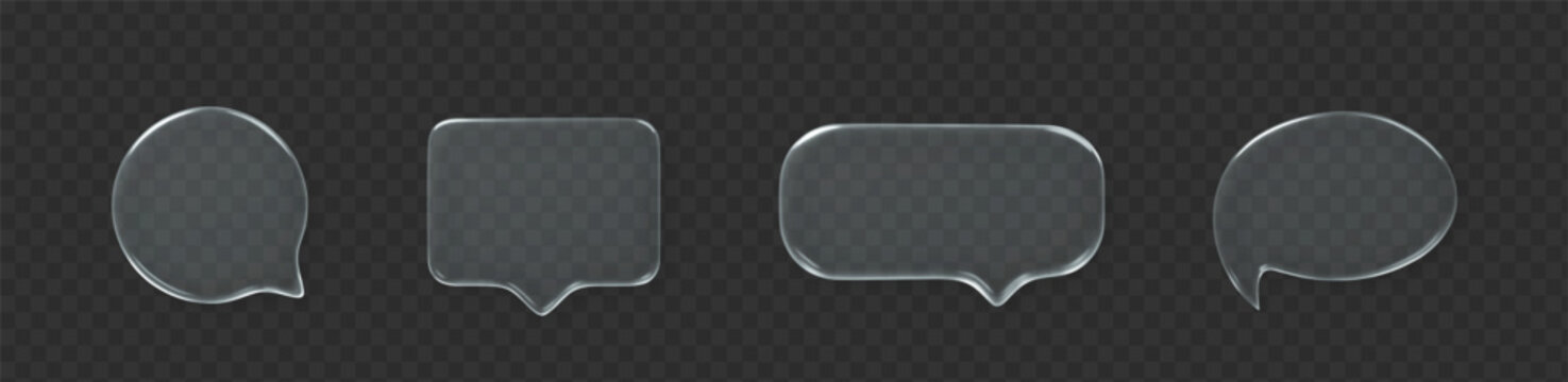 Glass speech bubble 3d icon set on dark transparent background. Message cloud vector object