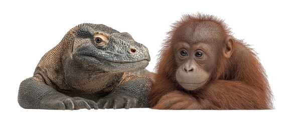 Komodo Dragon and Baby Orangutan Side by Side on White Background