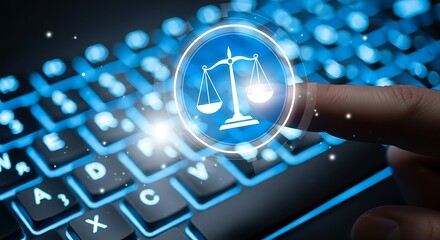 Digital justice concept a finger touches a glowing icon of scales of justice hovering over a blue illuminated keyboard representing online law and technology