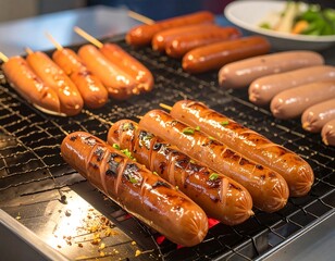 Grilled sausages on skewers