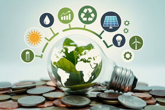 Eco friendly energy saving light bulb with green world map and renewable energy icons for sustainable future