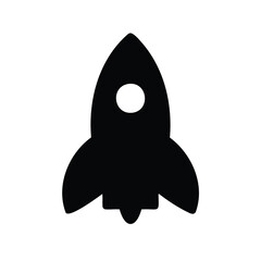 Bold black silhouette of a rocket ship ascending into the cosmos