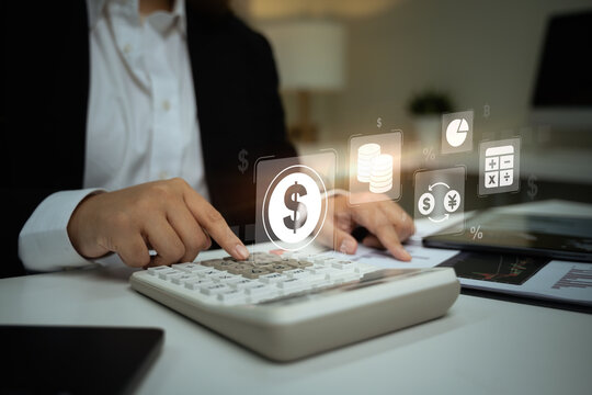 Digital financial concept with currency, graph, and accounting icons over calculator, illustrating fintech and smart banking