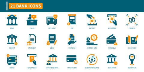 Bank icon set. Containing building, teller, vault, atm, account, and finance icons. Solid icon collection.