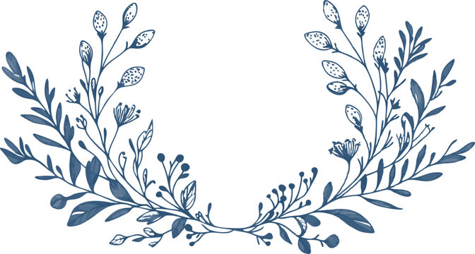 Delicate blue floral wreath with tiny buds and leaves on white background - Powered by Adobe