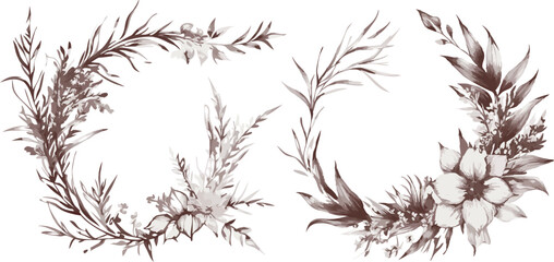 Delicate watercolor wreaths with dried flowers and twigs on white background