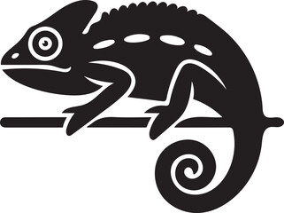 Black Silhouette of a Chameleon on a Branch with Swirled Tail white background