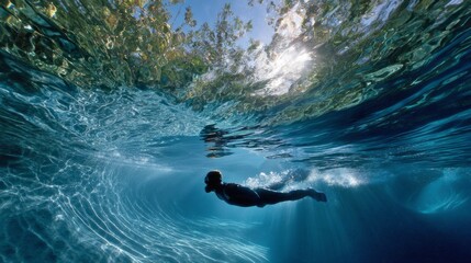 Obraz premium Underwater swimmer gliding through sunlit ocean waves on a clear day