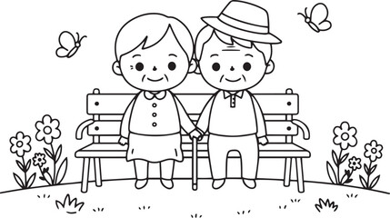 Sweet elderly couple sitting on a park bench. International Day of Older Persons