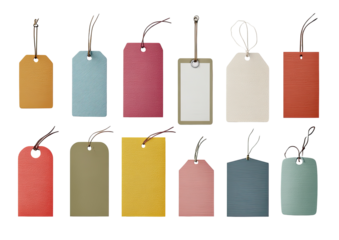 Various colored price tags with string