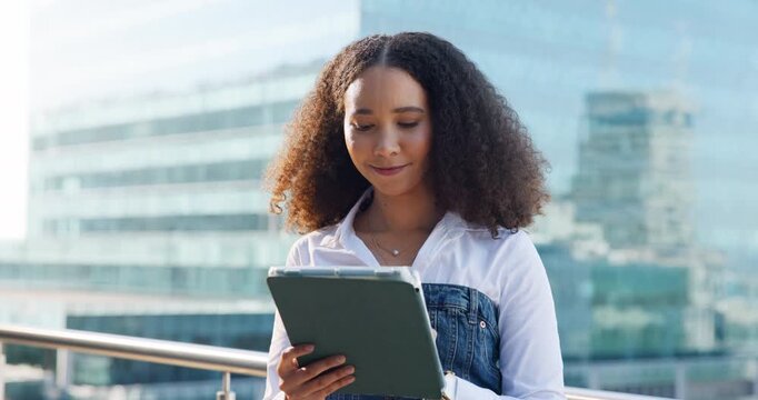 Tablet, scroll and business woman in city for reading, property listing and realtor valuation. Zoning records, real estate development and building permit with person outdoor for urban planner