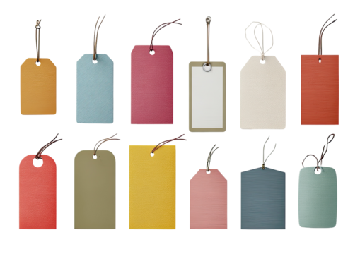 Various colored price tags with string