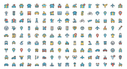 A diverse set of modern filled outline icons representing transportation, logistics, and GPS navigation for web and mobile applications