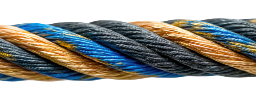 Close-up of a twisted rope with blue, dark gray, and tan colored strands