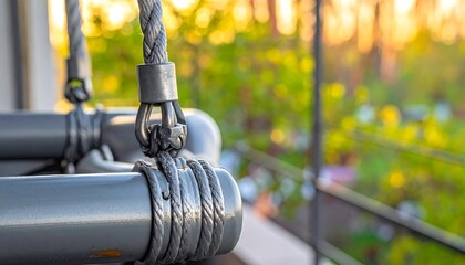 Close-up of a swing's rope and metal attachments