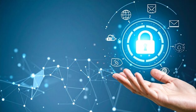 Cybersecurity padlock with tech icons